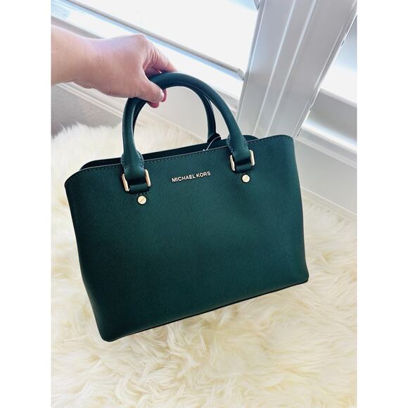 NWT MICHAEL KORS SAVANNAH Medium Satchel Moss Green Saffianno Leather $348